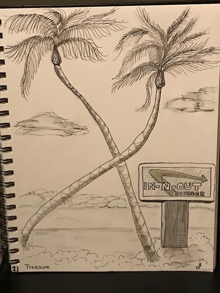 Image: "Treasure" Two Palm Trees (X marks the spot) and an In-n-Out Burger sign