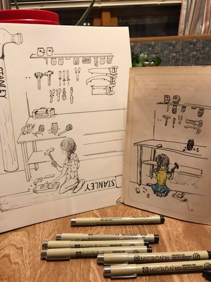 Image: Two drawings of girl working with tools