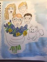 Image: Four people holding blue flowers; white dog