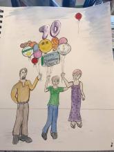 Image: Adults holding helium Happy Birthday balloons