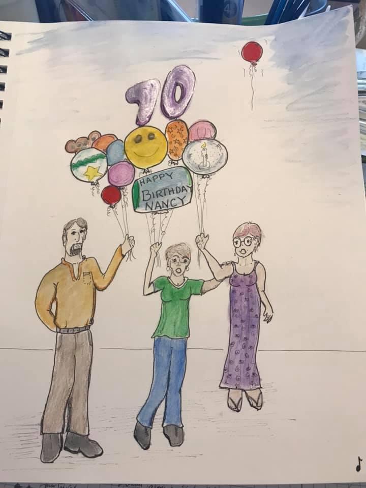 Image: Adults holding helium Happy Birthday balloons